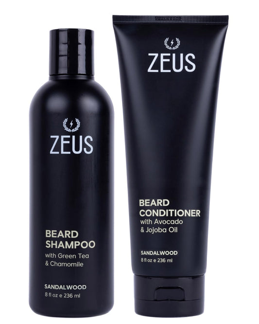 Beard Wash Set for Men, Beard Shampoo & Conditioner (Sandalwood) | Beard Care Duo with Green Tea, Chamomile & Natural Oils to Hydrate, Soften, Strengthen Facial Hair & Skin (Made in USA)