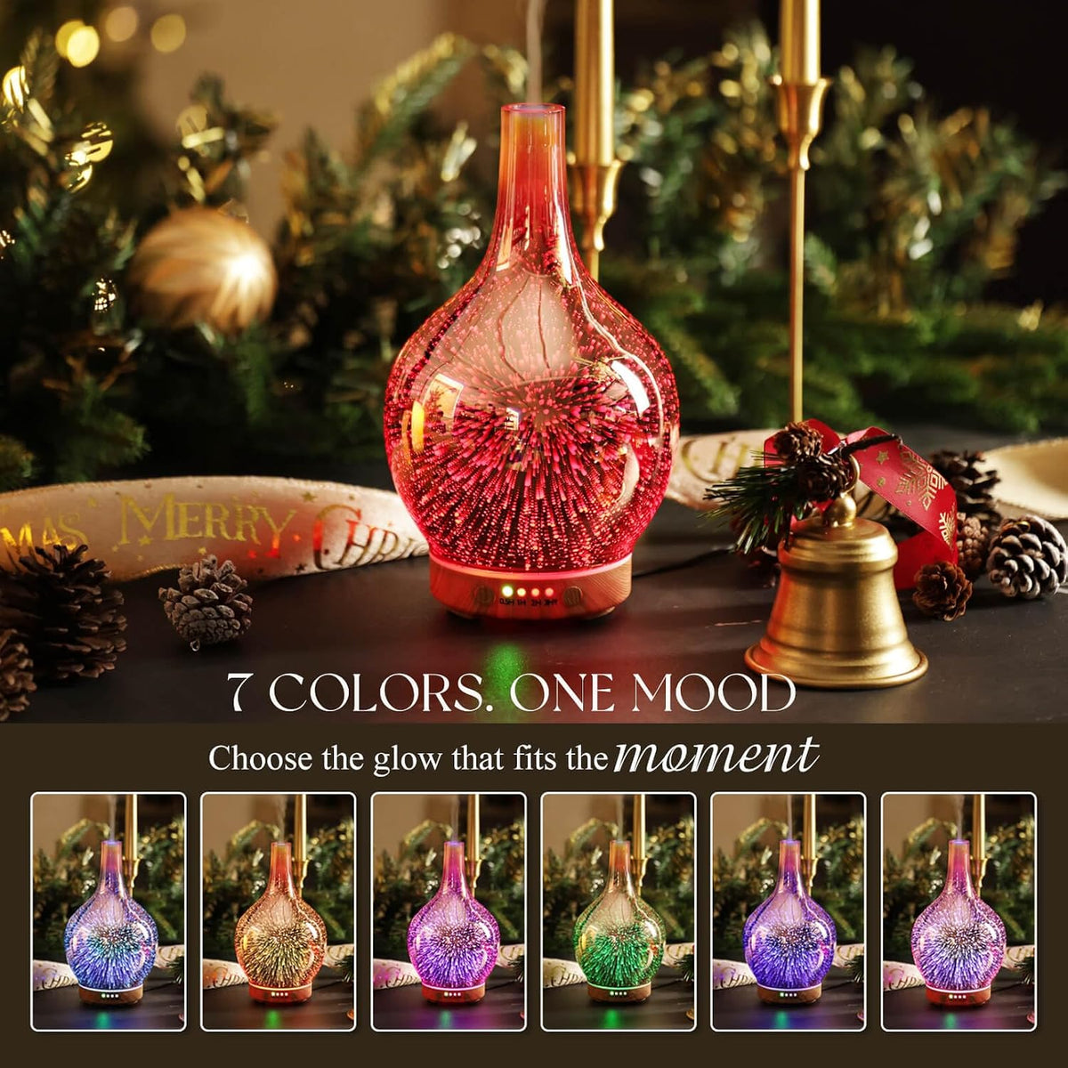 150Ml Handmade Essential Oil Diffuser 6H Runtime | Handmade Glass Aroma Diffuser, 7-Color LED Light, Quiet Operation, Auto Shut-Off, Aromatherapy for Home, Bedroom and Gifts