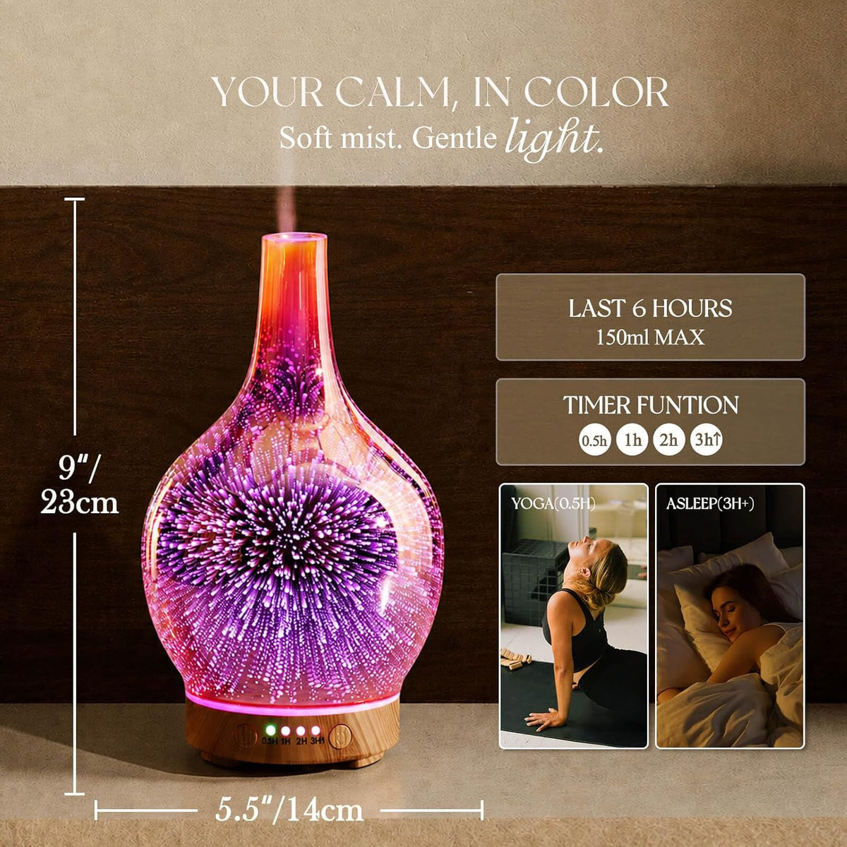 150Ml Handmade Essential Oil Diffuser 6H Runtime | Handmade Glass Aroma Diffuser, 7-Color LED Light, Quiet Operation, Auto Shut-Off, Aromatherapy for Home, Bedroom and Gifts