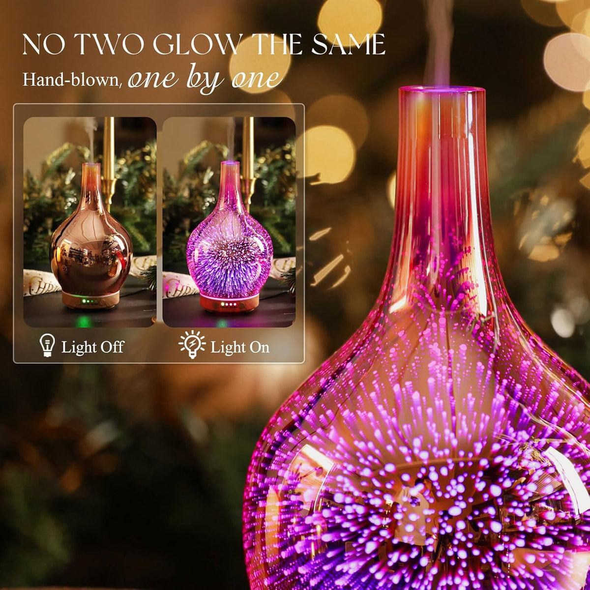 150Ml Handmade Essential Oil Diffuser 6H Runtime | Handmade Glass Aroma Diffuser, 7-Color LED Light, Quiet Operation, Auto Shut-Off, Aromatherapy for Home, Bedroom and Gifts