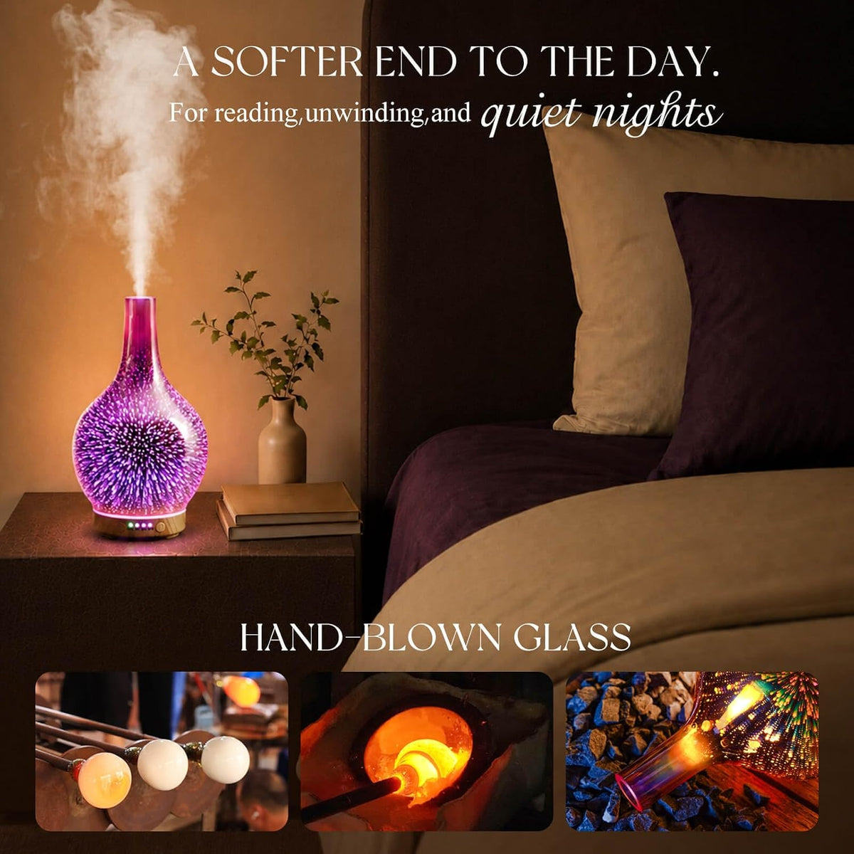 150Ml Handmade Essential Oil Diffuser 6H Runtime | Handmade Glass Aroma Diffuser, 7-Color LED Light, Quiet Operation, Auto Shut-Off, Aromatherapy for Home, Bedroom and Gifts